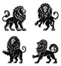 Monochrome lion icons. Roaring walking and rearing lions black heraldic animals vector illustration Royalty Free Stock Photo