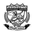 Monochrome logo, emblem, girl surfer. Surfing on the waves, the beach, weekend, extreme sport. Vector illustration.