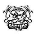 Monochrome logo, emblem, girl surfer. Surfing on the waves, the beach, weekend, extreme sport. Vector illustration.