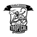 Monochrome logo, emblem, girl surfer. Surfing on the waves, the beach, weekend, extreme sport. Vector illustration.