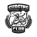 Monochrome logo, emblem, girl surfer. Surfing on the waves, the beach, weekend, extreme sport. Vector illustration.