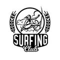 Monochrome logo, emblem, girl surfer. Surfing on the waves, the beach, weekend, extreme sport. Vector illustration.