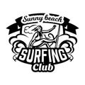 Monochrome logo, emblem, girl surfer. Surfing on the waves, the beach, weekend, extreme sport. Vector illustration.