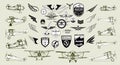 Monochrome Mega Set of retro airplanes, emblems, design elements , badges and logo patches on the theme aviation. Royalty Free Stock Photo