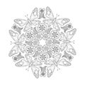 Monochrome Mendie Mandala with butterflies and flowers. Zenart inspired. Royalty Free Stock Photo