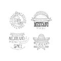 Monochrome Mexican logos for restaurants. Original vector emblems with tequila and chili peppers, tacos and sombrero