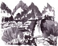 monochrome mountain landscape with gazebo and river on white background, Chinese brush painting