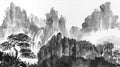 monochrome mountain landscape with gazebo and river on white background, Chinese brush painting