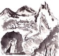 monochrome mountain landscape with house and river on white background, Chinese brush painting