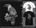 Monochrome mountain toucan bird mandala arts isolated on black and white t shirt