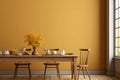 Monochrome mustard yellow kitchen interior with wood table in rustic style. Big windows with day light. Textured empty wall for