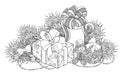 Monochrome New Year Illustration with Gifts and Christmas Tree
