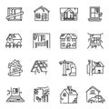 Monochrome old destroyed buildings set line icon vector illustration. Abandoned, broken house