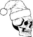 monochrome outline drawing of a horror santa claus skull with hat pompom.