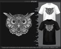 Monochrome owl head mandala arts isolated on black and white t shirt Royalty Free Stock Photo