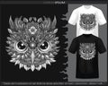 Monochrome Owl head mandala arts isolated on black and white t shirt Royalty Free Stock Photo