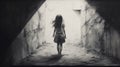 Monochrome Painting A Captivating Art Drawing Of A Girl Crossing A Dark Tunnel Royalty Free Stock Photo