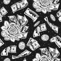 Monochrome pattern with flying dollar bills, roses