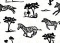 Monochrome pattern with running zebras on the savannah painted in black gouache