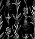 Monochrome pattern with vertical tropical flowers painted in drybrush gouache