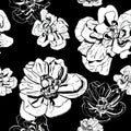 Monochrome pattern of white and black ink flowers