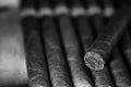 Monochrome photo of large wooden box of cigars handmade Cuban Royalty Free Stock Photo