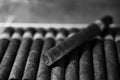 Monochrome photo of large wooden box of cigars handmade Cuban Royalty Free Stock Photo