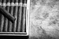 Monochrome photo of large wooden box of cigars handmade Cuban Royalty Free Stock Photo