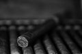 Monochrome photo of large wooden box of cigars handmade Cuban Royalty Free Stock Photo