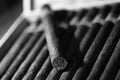 Monochrome photo of large wooden box of cigars handmade Cuban Royalty Free Stock Photo
