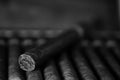 Monochrome photo of large wooden box of cigars handmade Cuban Royalty Free Stock Photo