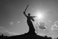 Monochrome photo of the Motherland calls monument in Volgograd. Contour light.