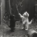 Monochrome photo of playful Felidae kittens with tree branch Royalty Free Stock Photo