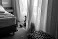 Monochrome photo of 2 1yr old boys playing hide and seek behind curtains in hotel room