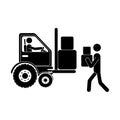 Monochrome pictogram with forklift truck with forks and workers