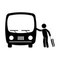 Monochrome pictogram with man and suitcase taking a bus