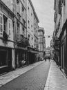 Monochrome picture of Ancient streets of Bordeaux, wine capital of France.