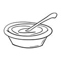 Monochrome picture, ceramic deep plate with porridge, sour cream, with a spoon , vector cartoon