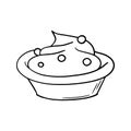 Monochrome picture, deep ceramic plate with dessert, delicious sour cream with berries, vector cartoon