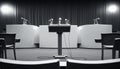 Monochrome picture empty press conference room seats stand table microphones business chair media meeting microphone audio Royalty Free Stock Photo