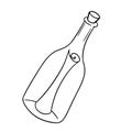 Monochrome picture, glass bottle with message, letter, vector illustration in cartoon style