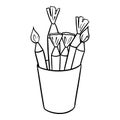 Monochrome picture, jar with various brushes, drawing tool, vector cartoon illustration