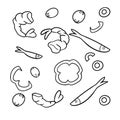 Monochrome picture, a set of ingredients for cooking, small fish, shrimp, olives and pepper slices, vector cartoon