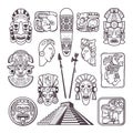 Monochrome pictures set of mayan culture symbols. Tribal masks and totems