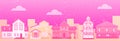 Monochrome pink cartoon fairy tale houses for Valentine Day love city vector illustration.