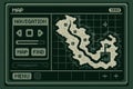 A monochrome pixel art map navigation interface with cursor, grid layout, and retro computer style buttons labeled map, search Royalty Free Stock Photo