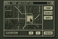 A monochrome pixel art map navigation interface with cursor, grid layout, and retro computer style buttons labeled map, search Royalty Free Stock Photo