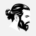 Monochrome portrait of a handsome man face side view. bearded, ponytail hair. flat vector illustration. Royalty Free Stock Photo