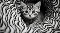 Monochrome Portrait: Kitten Peeking Through Zebra Print, Inspired By Peter Lik