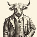 Monochrome Portrait Of A Strong Bull In A Suit